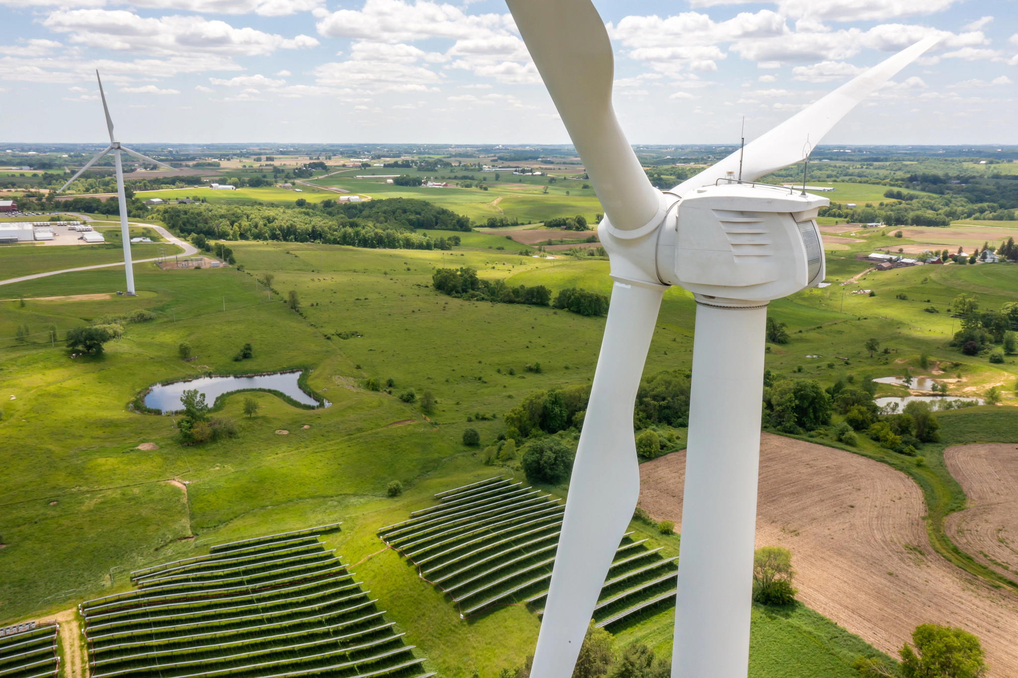 Aeriel view of wind turbines in Cashton, Wisconsin.