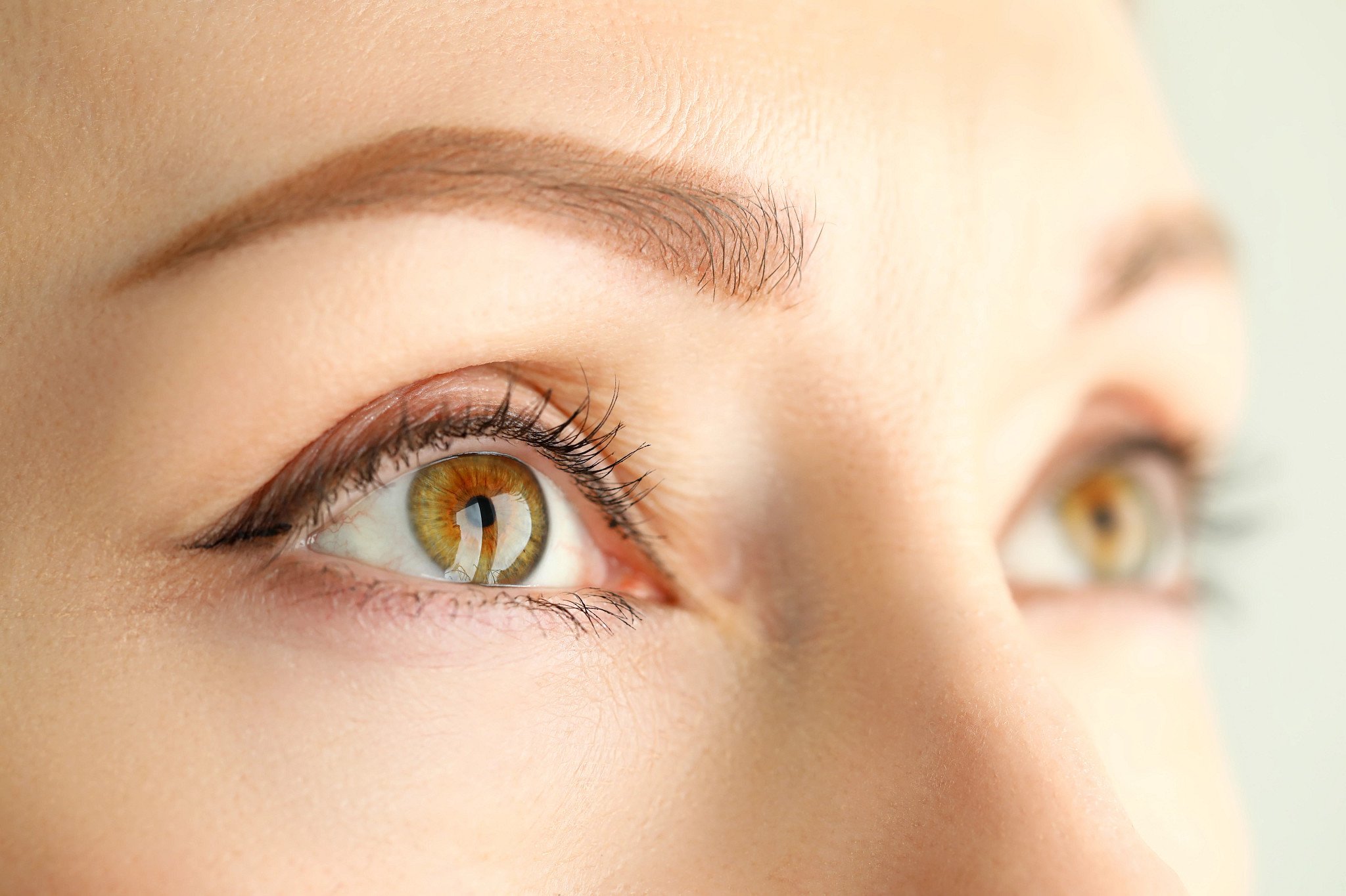 Female orange green coloured amazing wide opened eyes close-up