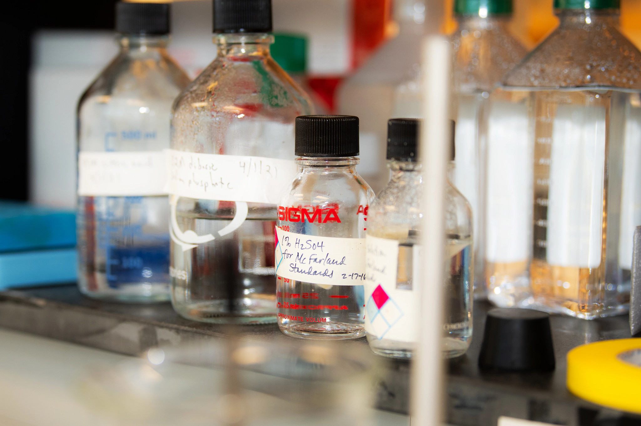 Glass bottles lined up in lab.