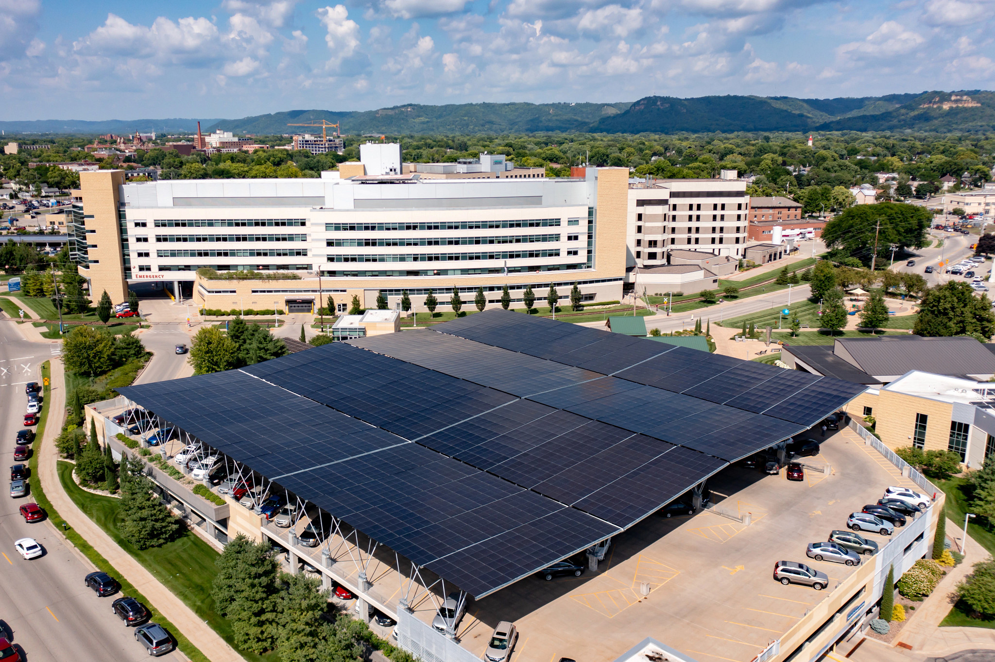 Ariel view of solar panel canopy over Gundersen parking ramp in La Crosse.