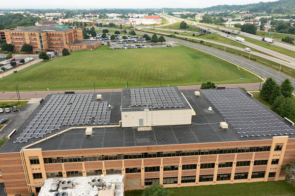 Ariel view of solar panels on Gundersen Support Services Building in Onalaska.